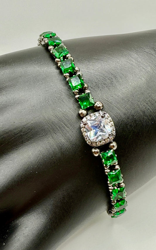 Green Sparkle Statement Bracelet | 8” Green Rhinestone Tennis Bracelet with Radiant Focal | Formal Jewelry | Holiday  Party & Everyday Glam | Gift for Her