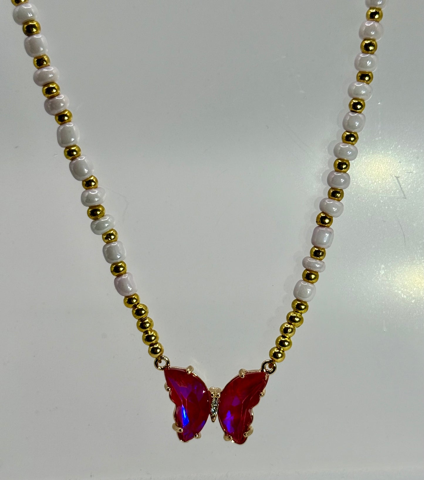 Gold and Pink Beaded Necklace with Bright Pink Butterfly Pendant – 20” Handmade Necklace Gift for Her