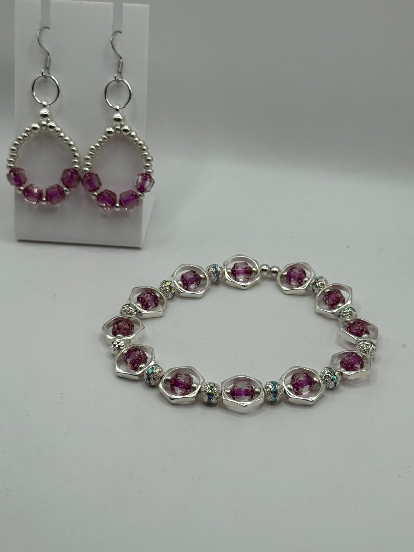 Bright Pink Lantern Bead Bracelet | 7.75” Silver Framed Stretch Bracelet with Complimentary Earrings | Sparkling Handmade Jewelry by LuckyCharm Boutique TX