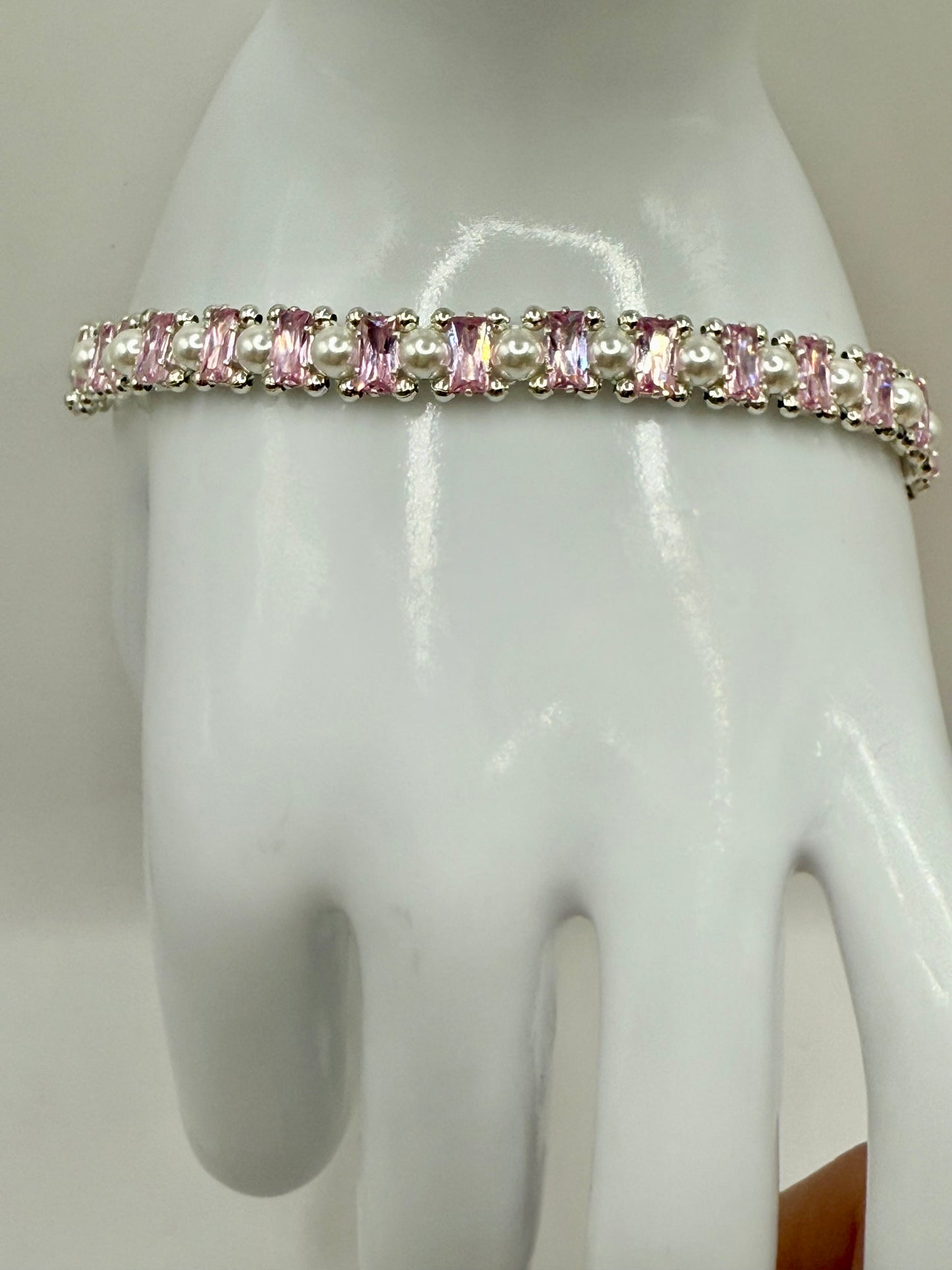 Pink Rhinestone & White Glass Pearl Bracelet – 7.5” – Elegant Clasp Bracelet – Bridal Jewelry – Romantic Gift for Her – Sparkling Statement Bracelet