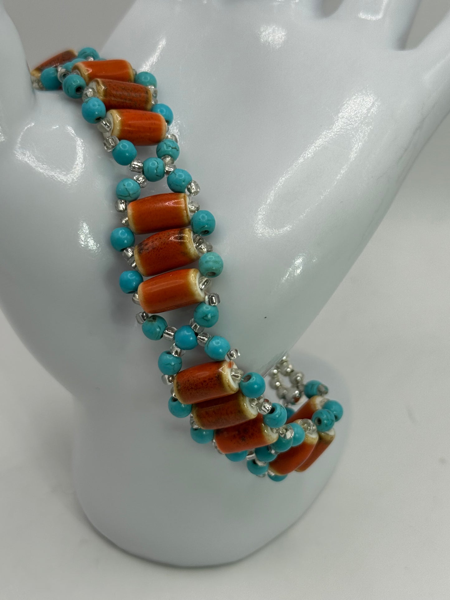Handmade Turquoise Howlite & Terra Cotta Orange Ceramic Tube Beaded Bracelet – 7.5” Adjustable | Boho Southwest Jewelry