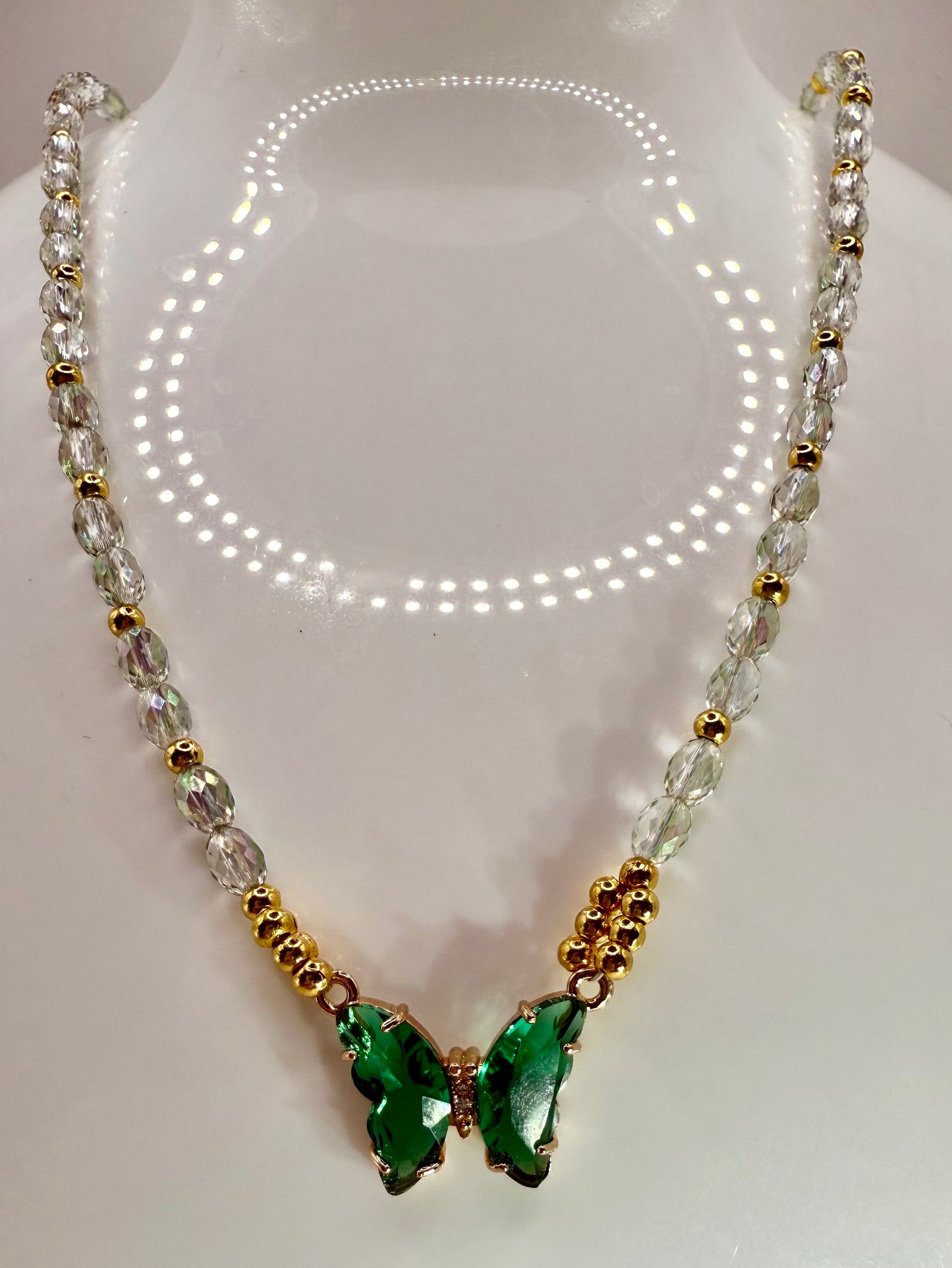 Green Crystal Butterfly Pendant Necklace – 20” Faceted Glass Beaded Necklace with Gold Accents – Sparkly Butterfly Jewelry Gift
