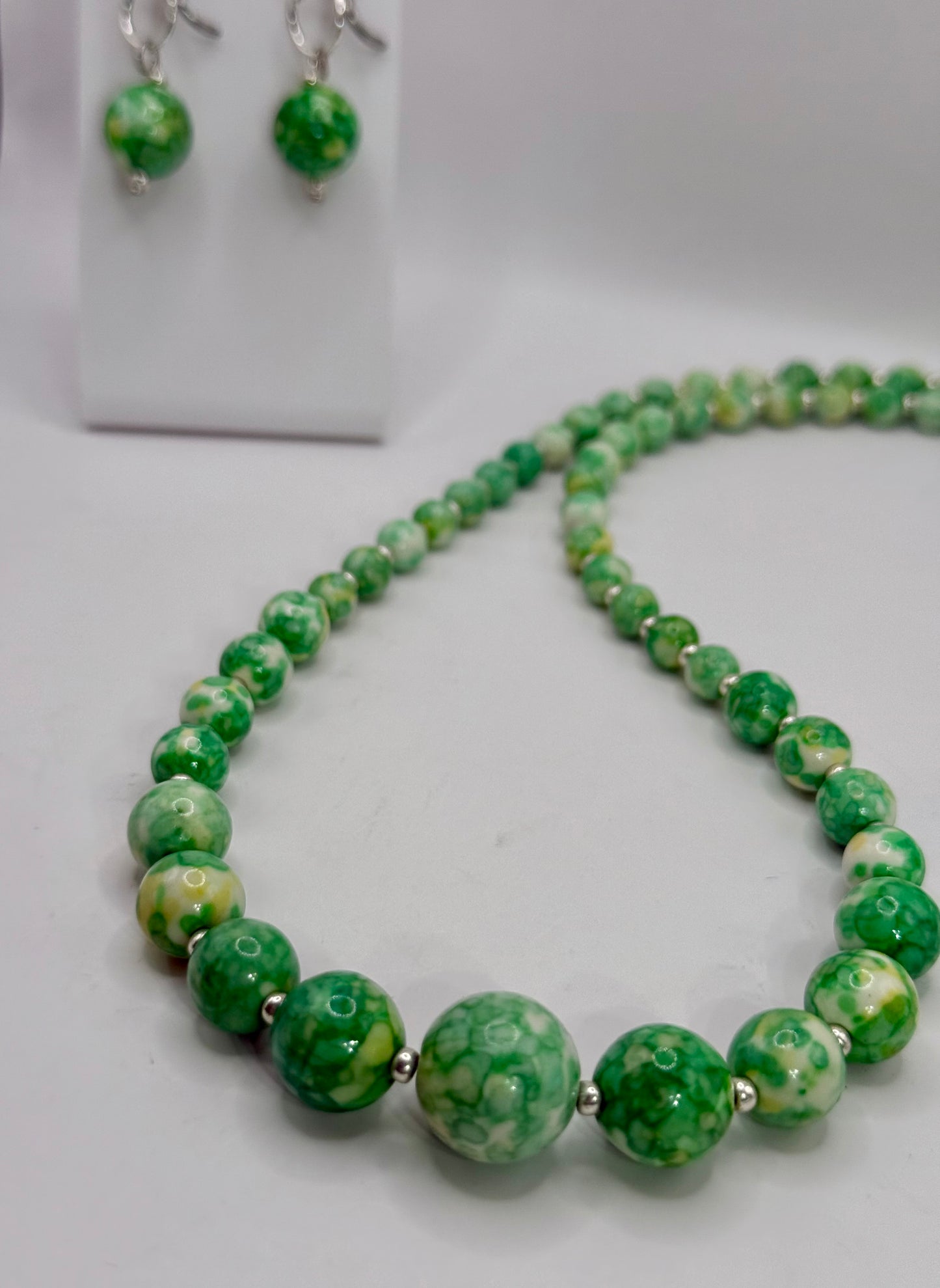 Green Marbled Bead Necklace with Free Matching Earrings • 20” Handmade Necklace Set • Green Jewelry Gift • Statement Bead Necklace