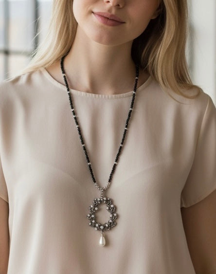 Elegant 26” Black Beaded Necklace with Vintage Wreath Pendant & Pearl Drop