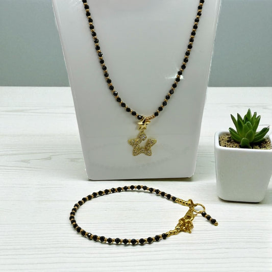 Black & Gold Star Necklace Set – 18” Necklace, 7.5” Bracelet & Free Earrings | Handmade Beaded Jewelry Gift for Her