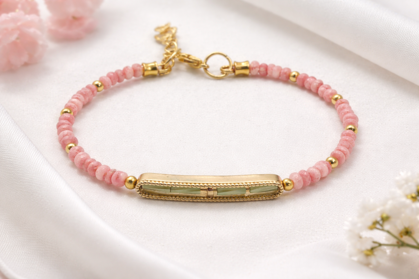 Pink Freckled Jade Donut Bead Bracelet, 7.75–8 Inch Beaded Bracelet, Handmade Jade Jewelry
