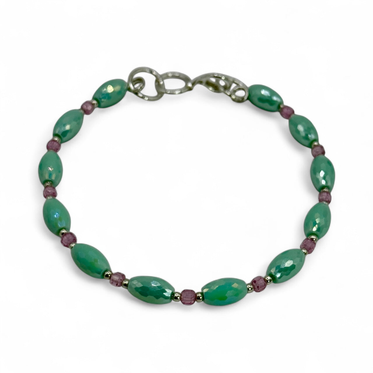 Handmade Seafoam Green & Pink Beaded Bracelet – 8” Faceted Glass Beads with Silver Clasp – Women’s Jewelry Gift