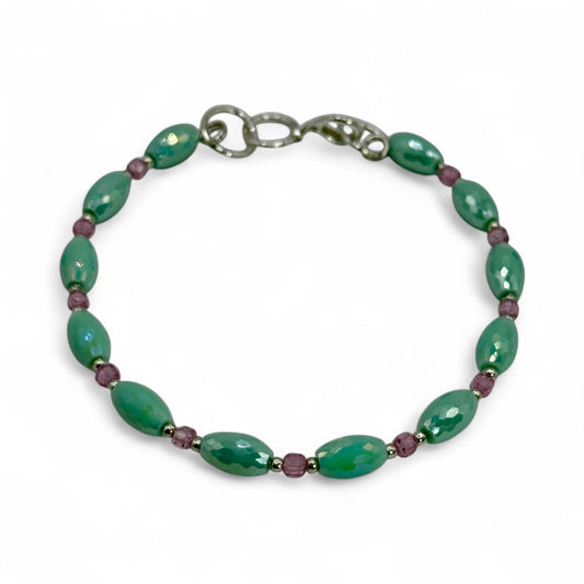 Handmade Seafoam Green & Pink Beaded Bracelet – 8” Faceted Glass Beads with Silver Clasp – Women’s Jewelry Gift