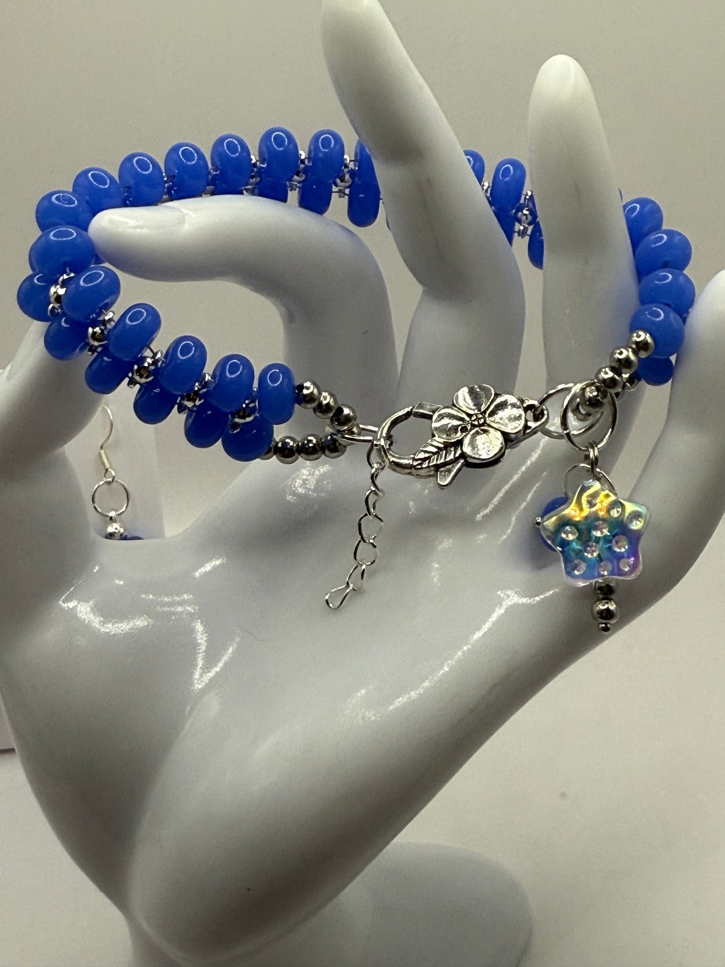Double Strand Cornflower Blue Beaded Bracelet 7.75" with Iridescent Star Charm & Free Earrings – Handmade Jewelry Gift - Free Resizing Available
