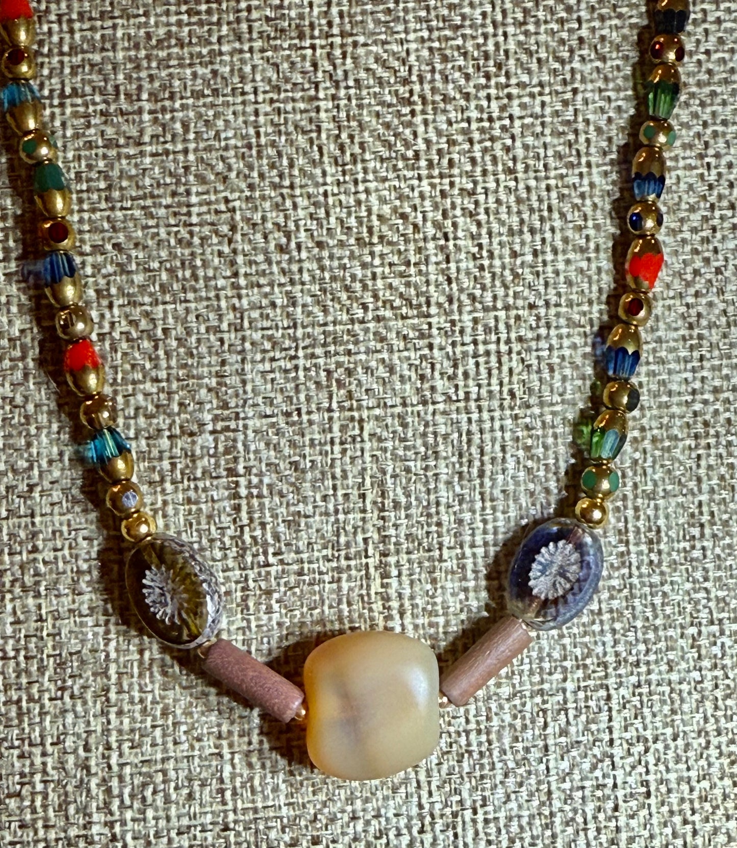 Boho Czech Glass Necklace 22” • Gold Accent Handmade Jewelry • Colorful Floral Focal Beads • Unique Gift