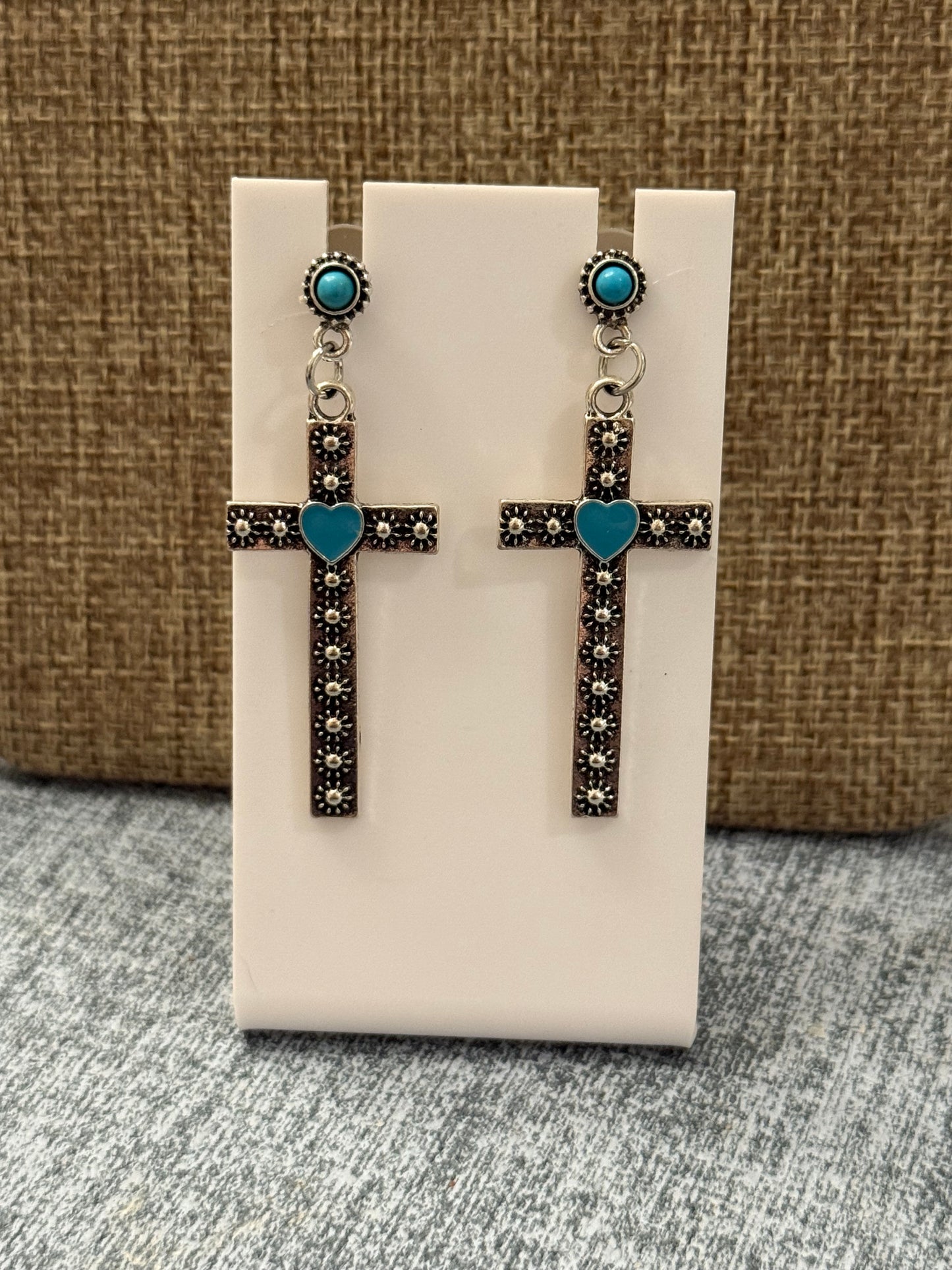 Western Cross Earrings with Turquoise Heart – Vintage Style Dangle Earrings – Faith Inspired Boho Jewelry Gift for Her