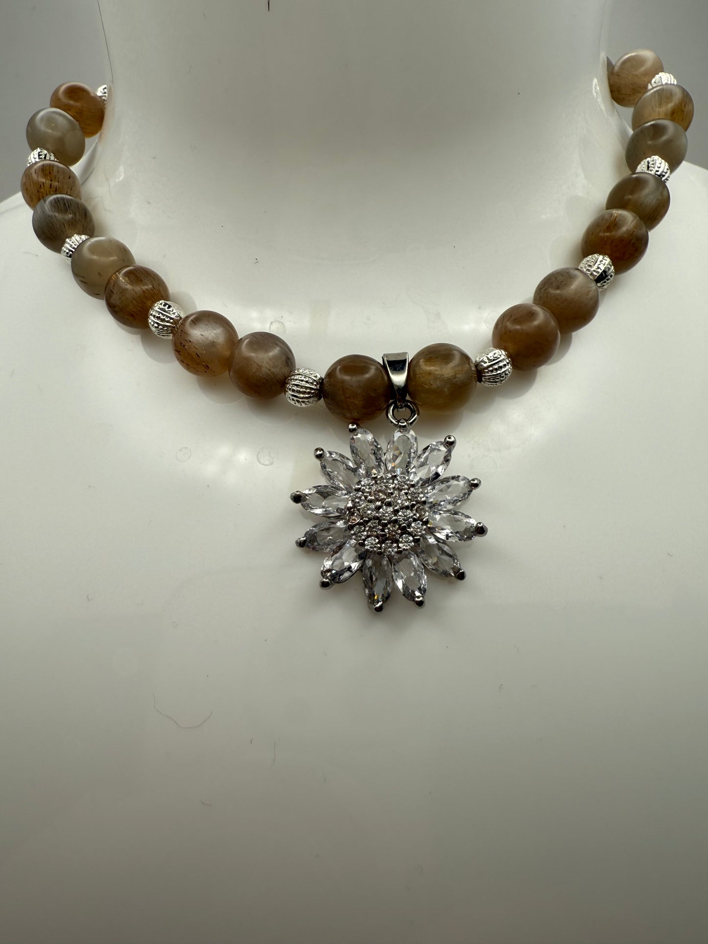 Sunstone Elastic Bracelet with Silver Daisy Focal Charm
