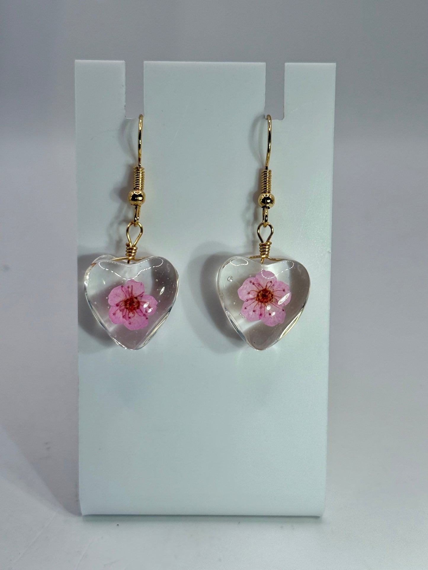 Heart Resin Flower Earrings – Real Pink Blossom Jewelry, Lightweight Dangle Earrings, Romantic Gift for Her