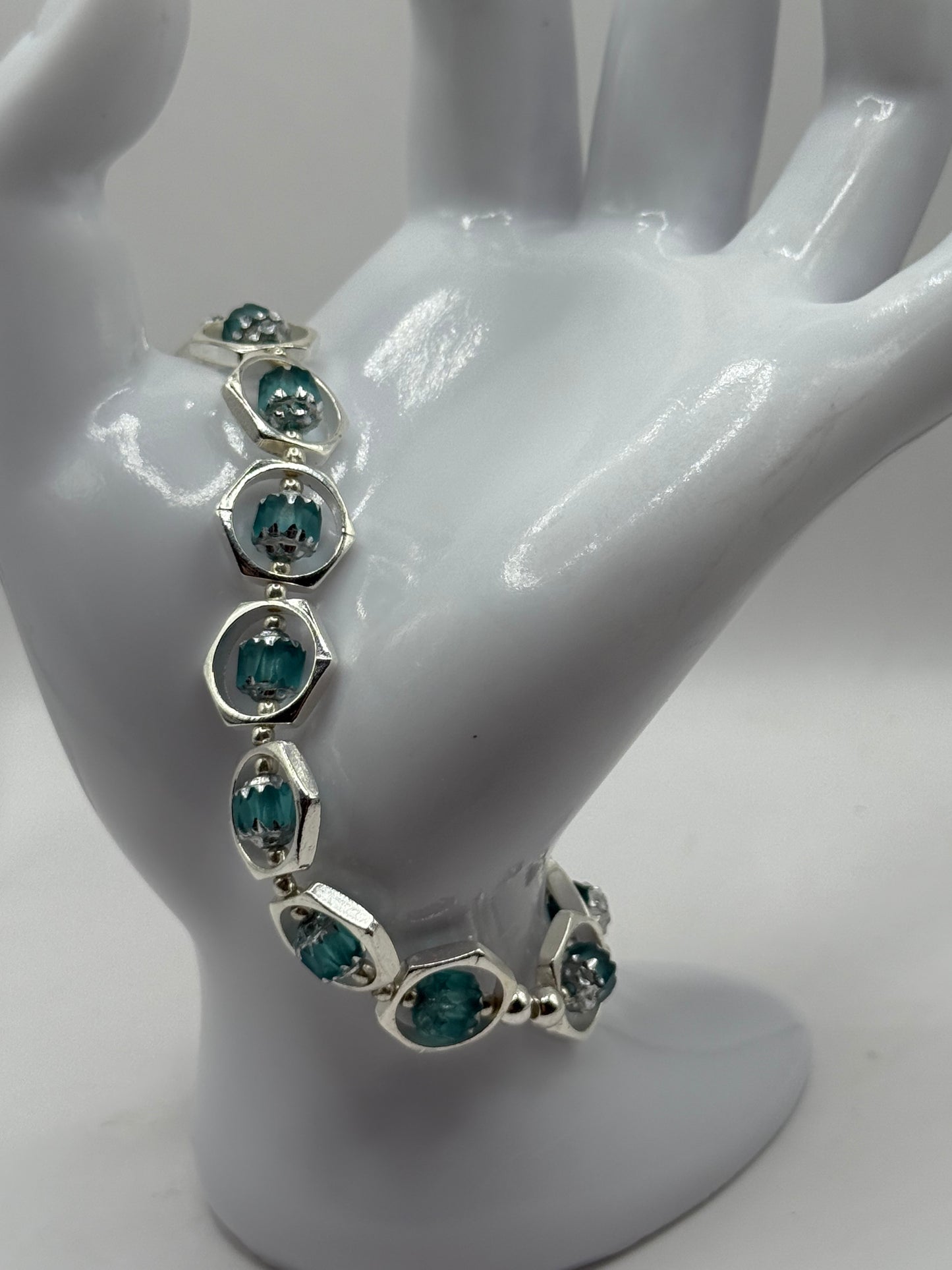 Teal Lantern Bead Bracelet and Earring Set | 7.75” Silver Framed Stretch Bracelet with Matching Earrings | Boho Chic Jewelry by LuckyCharm Boutique TX