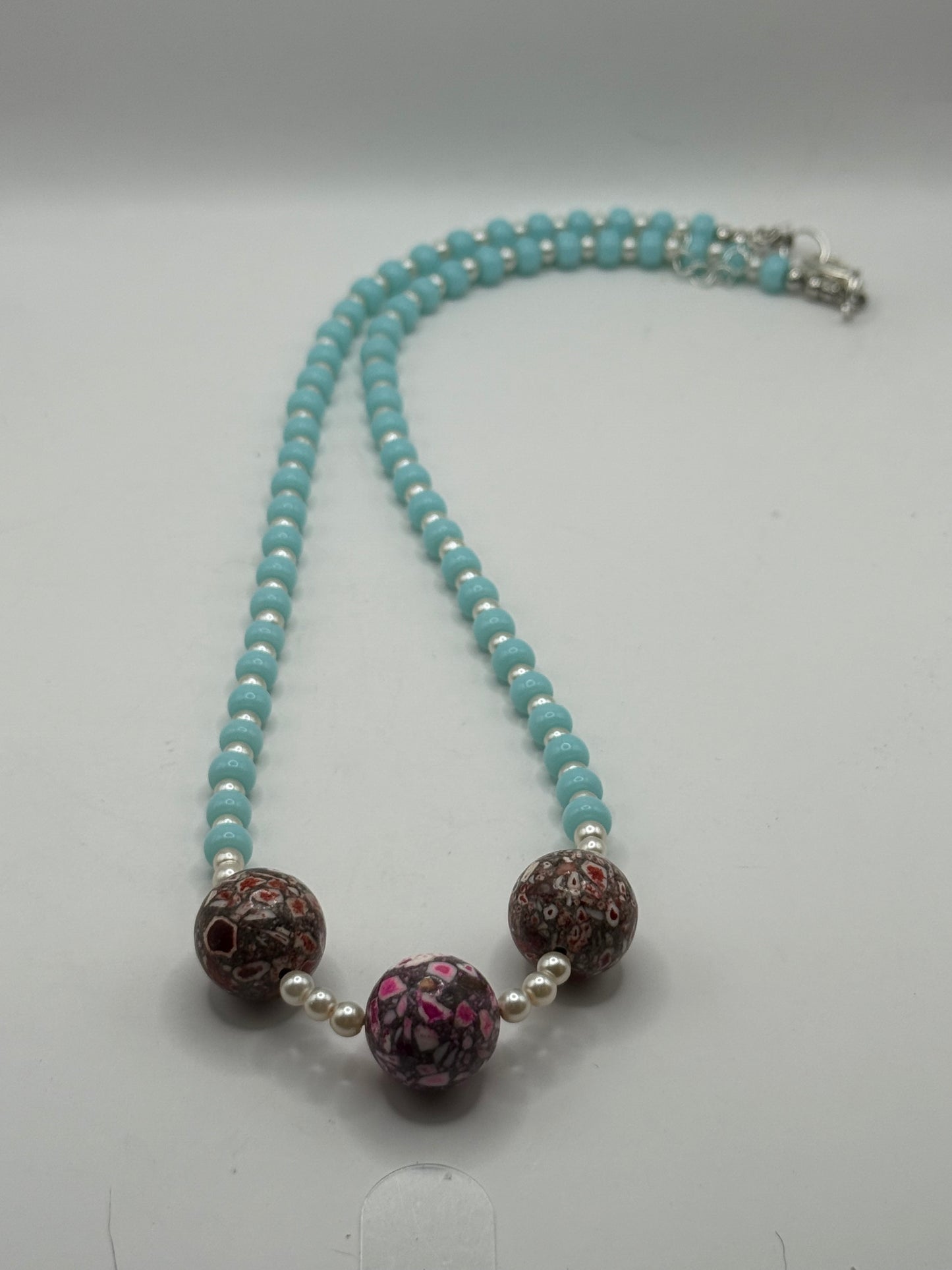 20” Blue Jade Beaded Necklace with Daqi Focal Beads – Unique Statement Jewelry, Bold Mosaic Beads, Handmade Gift for Her