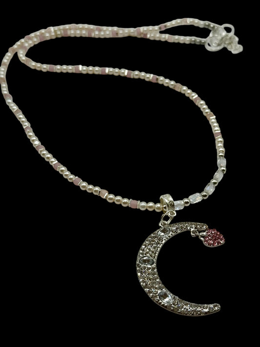 26” Celestial Moon and Heart Pendant Necklace | Beaded Pearl & Crystal | Handmade Moon Jewelry | Starry Sky Aesthetic