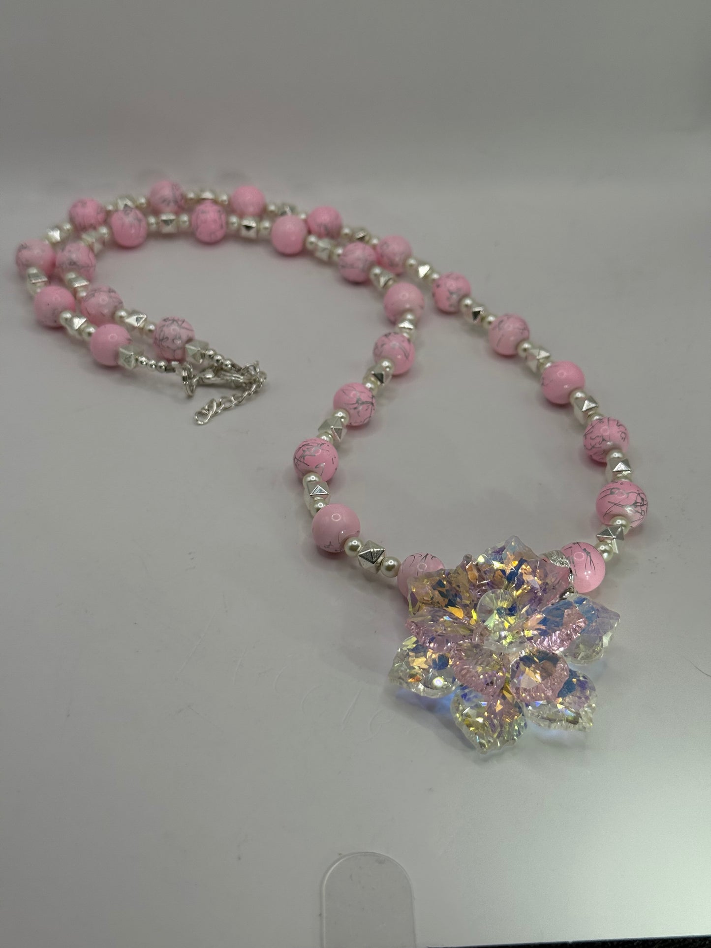 Pink Beaded Necklace with Crystal Flower Pendant – 26” Handmade Jewelry Set with Matching 8" Bracelet & Earrings