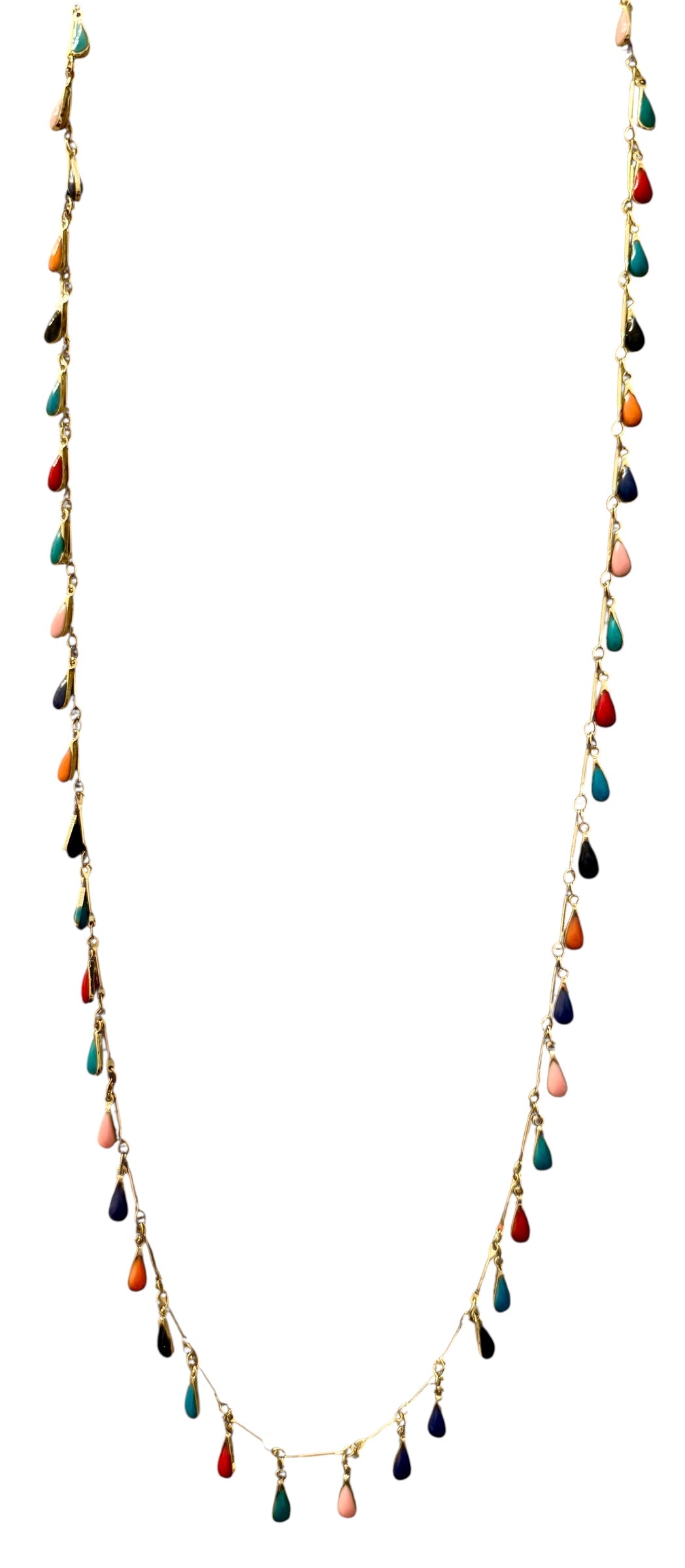 26” Multi-Color Teardrop Charm Necklace with Matching Earrings & Adjustable Bracelet – Gold Tone Boho Jewelry Set