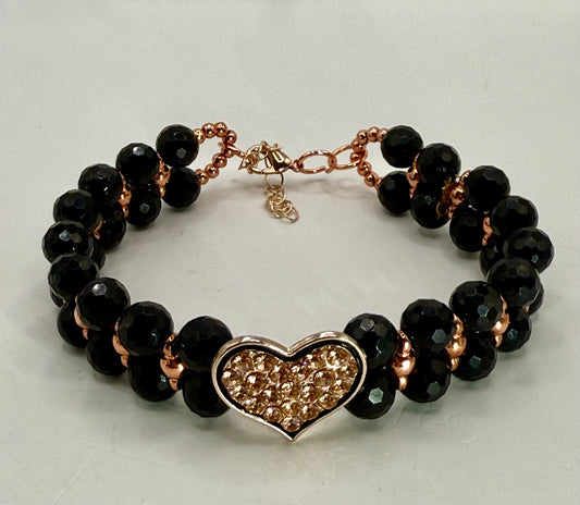 Black Agate and Rose Gold Bracelet – 8” Faceted Gemstone Bracelet with Pavé Crystal Heart Focal, Elegant Handmade Jewelry Gift for Her