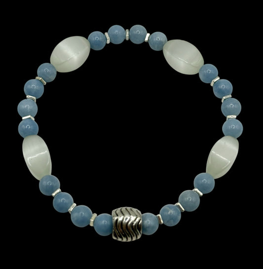 Angelite & Cat Eye Selenite Bracelet – 8” Stretch – Calming Blue & White Gemstone Jewelry – Healing Crystal Bracelet – Free Resizing