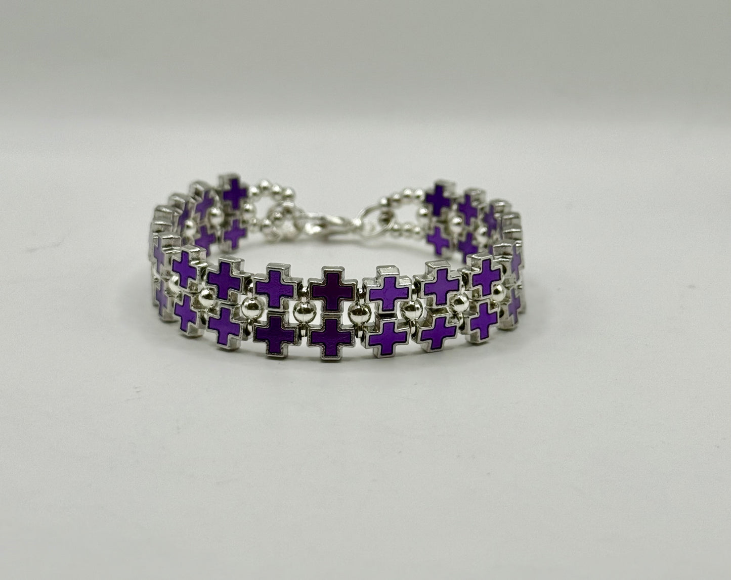 Bold Purple Cross Link Bracelet – Adjustable 7.5” to 8”, Silver-Tone Double Row Design, Unique Statement Jewelry