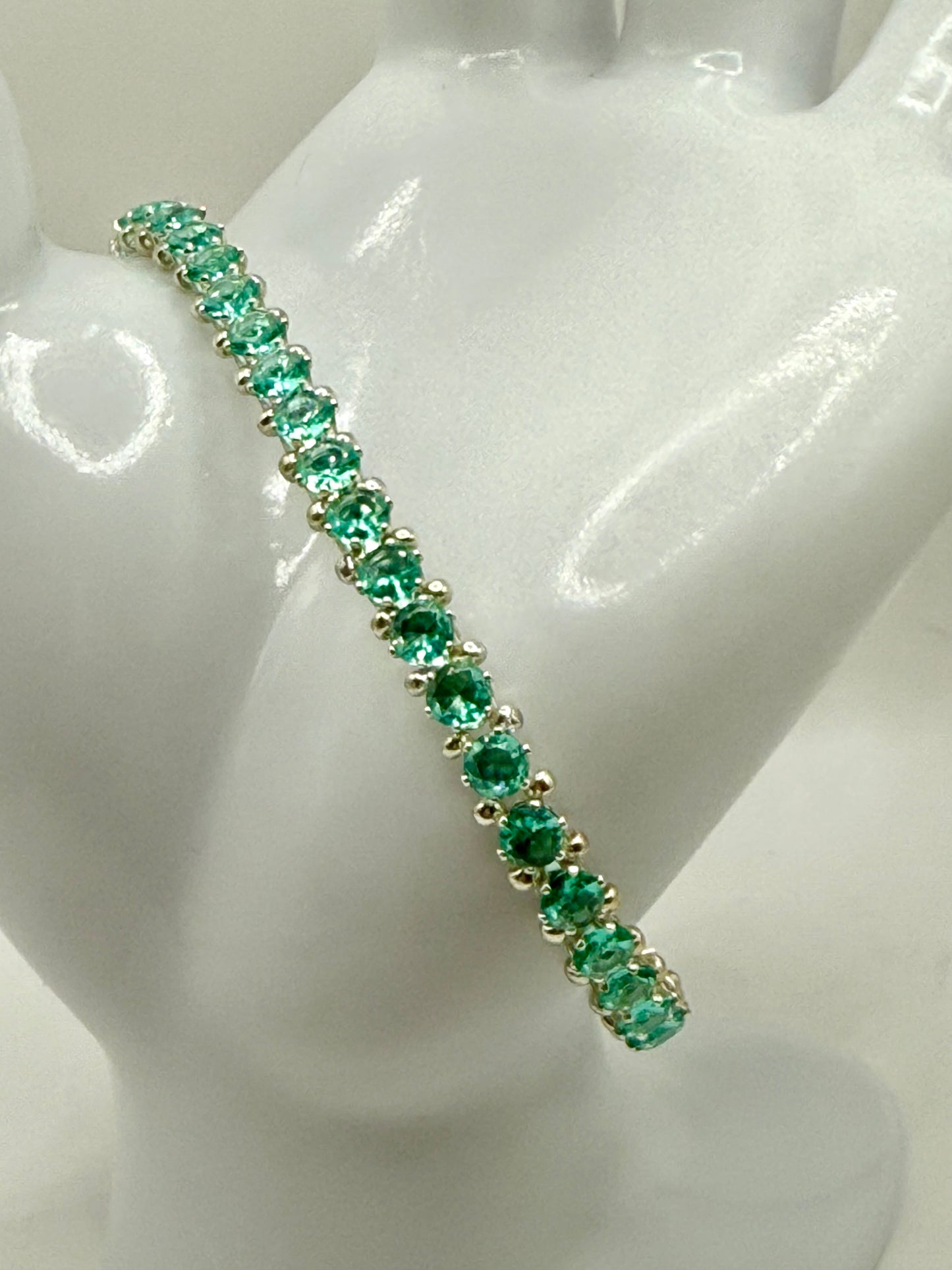Elegant 7.25” Silver Tennis Bracelet with Green Crystal Accents – Dainty Handmade Jewelry