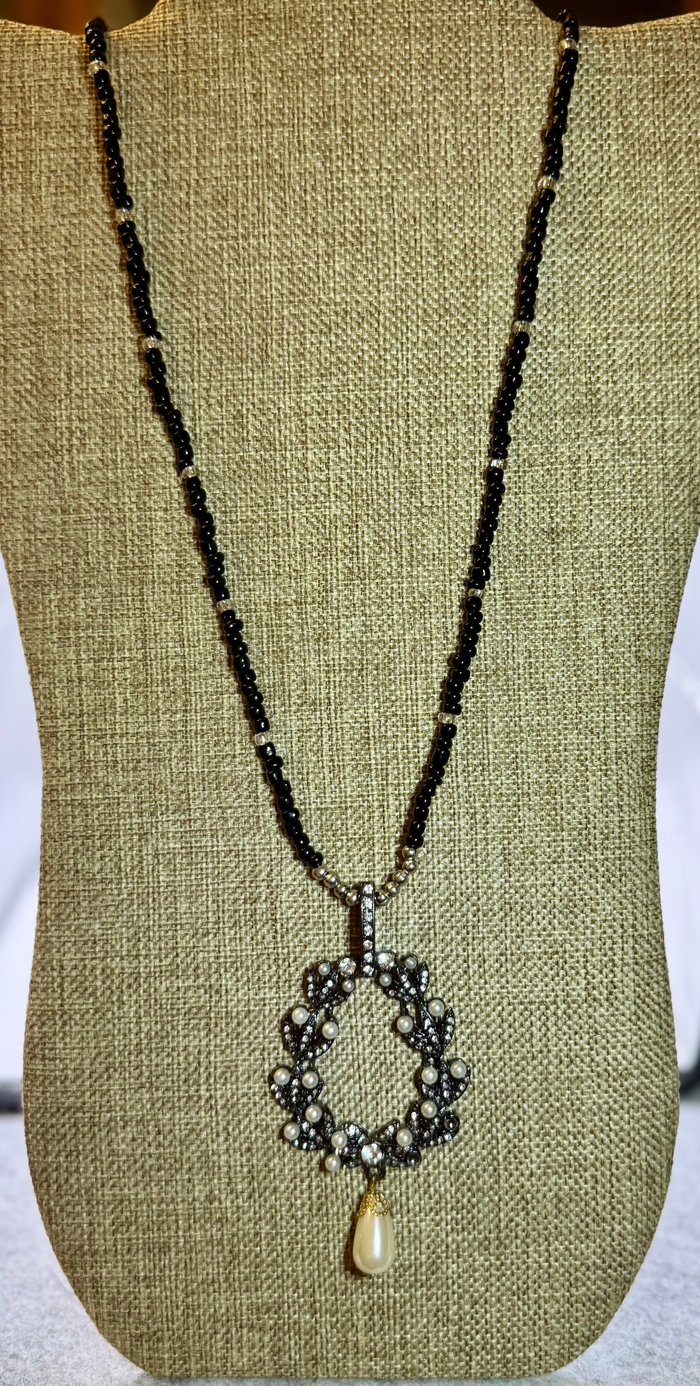 Elegant 26” Black Beaded Necklace with Vintage Wreath Pendant & Pearl Drop