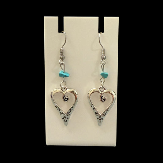 Turquoise Heart Dangle Earrings – Silver Boho Heart Drop Earrings – Handmade Western Jewelry Gift for Her