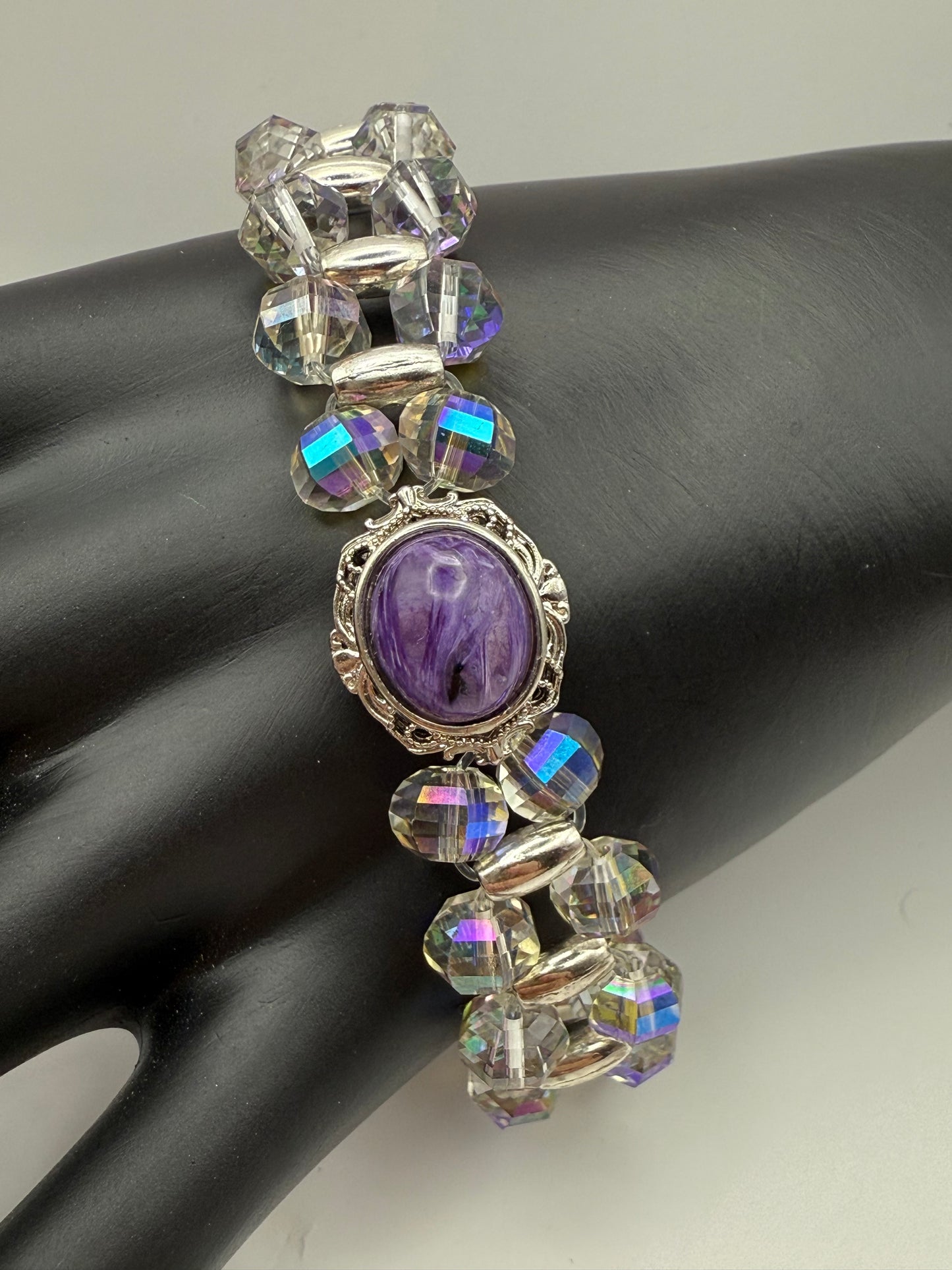 Faceted Disco Cut Double Strand Stretch Bracelet with Charoite Focal 7.50"