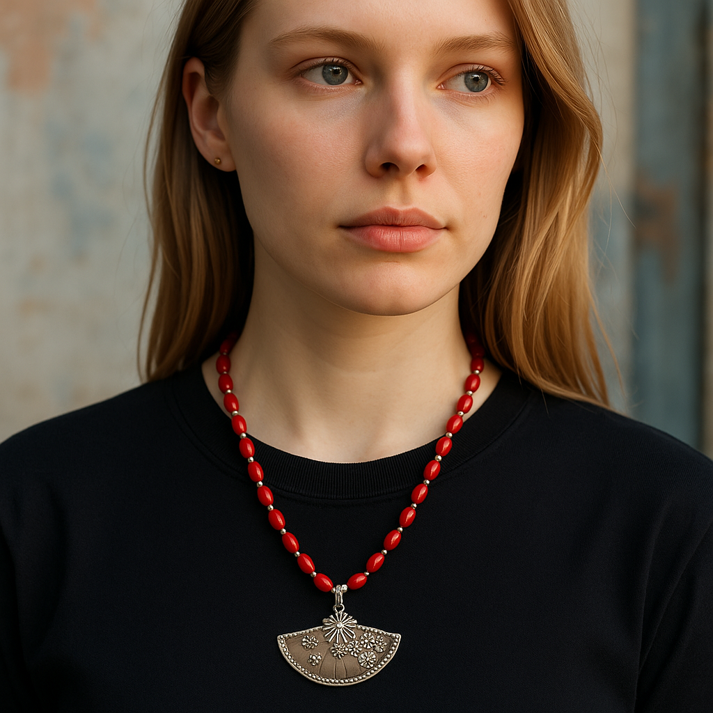 Handmade 26” Coral Red Beaded Necklace with Silver Fan Pendant | Boho Statement Necklace | Asian-Inspired Jewelry | Bold Gift for Her