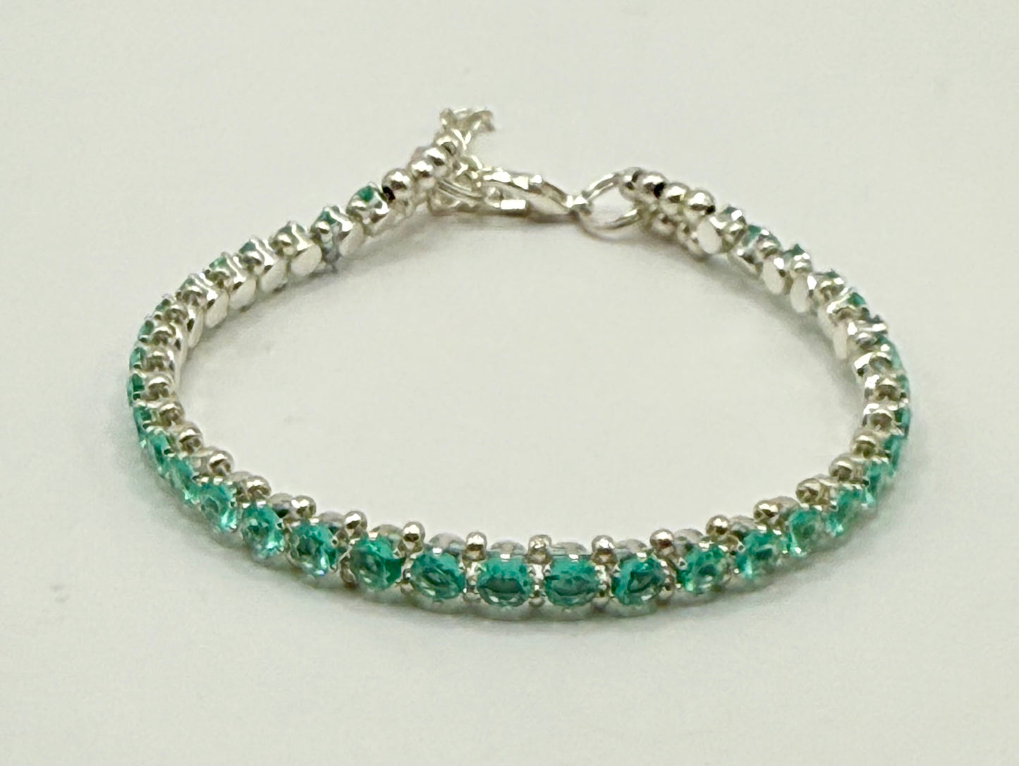 Elegant 7.25” Silver Tennis Bracelet with Green Crystal Accents – Dainty Handmade Jewelry