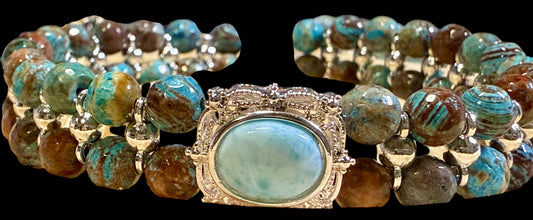 Desert Jasper with Larimar Focal stretch bracelet 7.5"