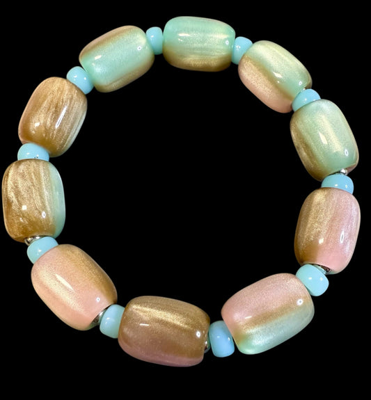 Chunky Resin Barrel Bead Stretch Bracelet | Colorful Retro and Beach Fusion Statement Jewelry | Handmade 7” Beaded Bracelet (Custom Sizing Available)