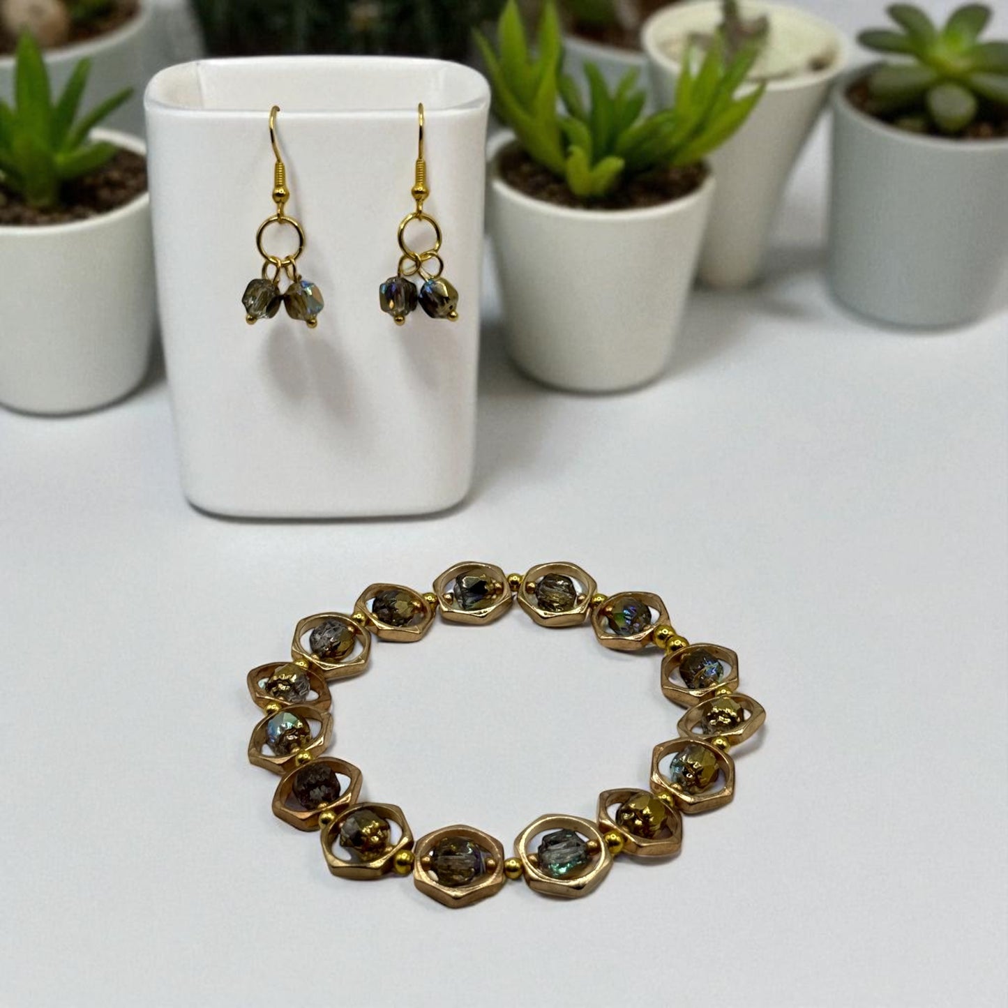 Golden Tone Lantern Bead Bracelet | 7.75” Stretch Bracelet with Iridescent Rainbow Beads | Elegant Boho Jewelry by LuckyCharm Boutique TX