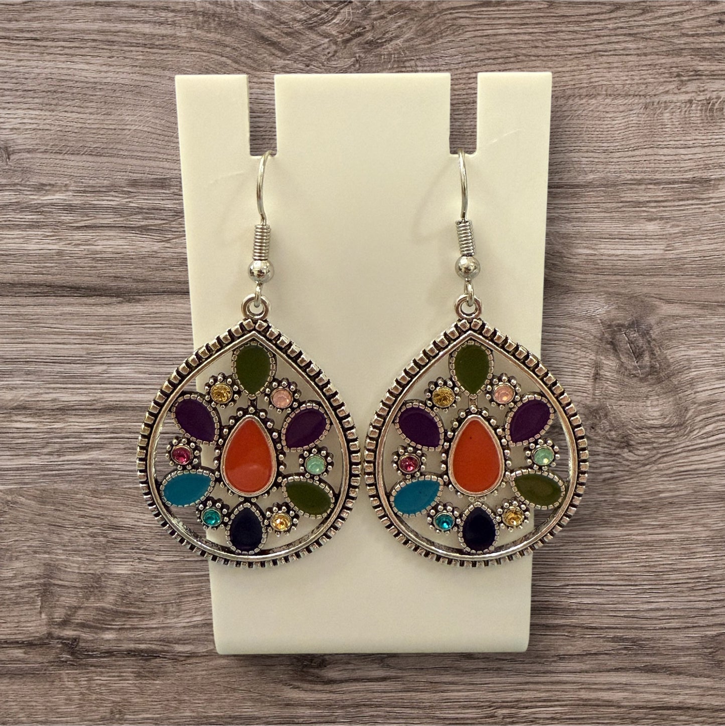 Multicolor Teardrop Boho Dangle Earrings | Southwestern Mosaic Statement Drops | Colorful Silver-Tone Hooks | Gift for Her