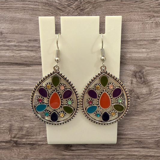 Multicolor Teardrop Boho Dangle Earrings | Southwestern Mosaic Statement Drops | Colorful Silver-Tone Hooks | Gift for Her