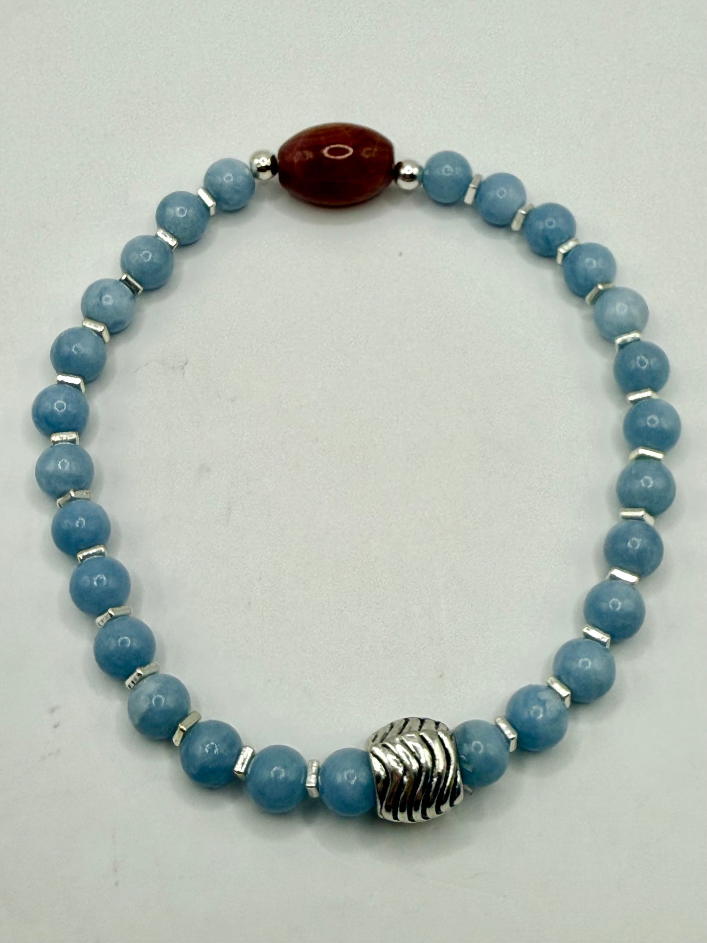Angelite & Coral Jade Bracelet – 8” Stretch – Blue Healing Stone Jewelry – Gemstone Bracelet with Free Resizing – Handmade Gift