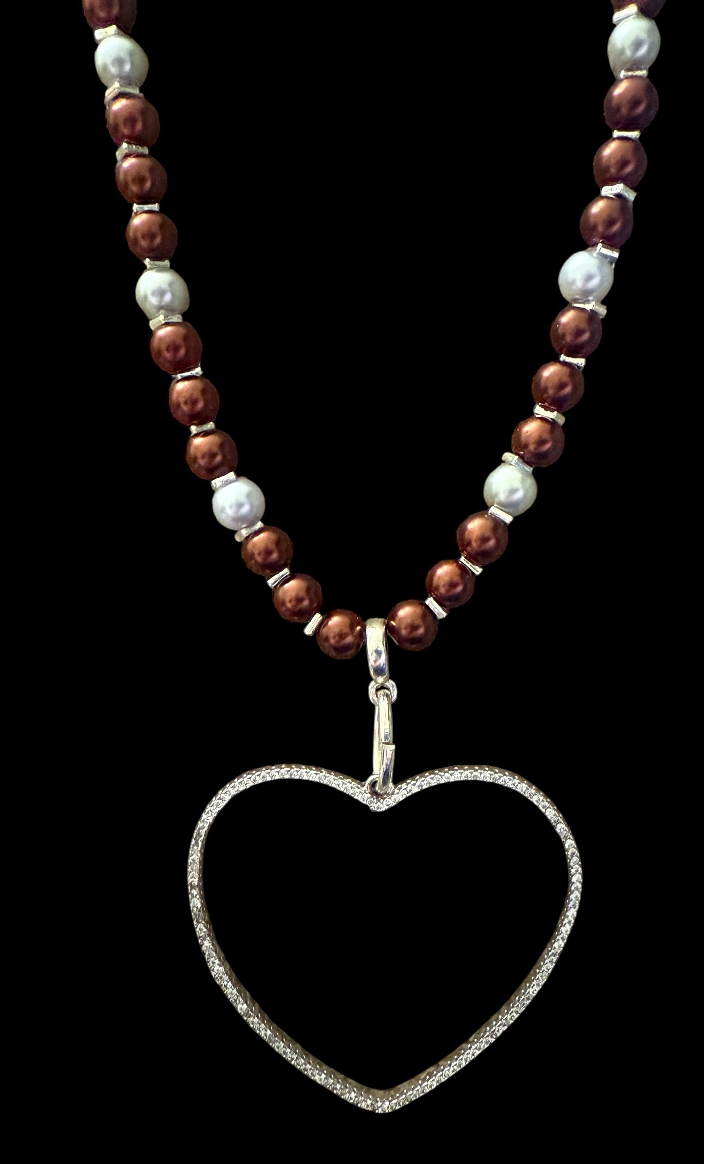 Ivory & Burgundy Glass Pearl Necklace – 26” Beaded Heart Pendant – Handmade Statement Jewelry – Elegant Gift for Her – Anniversary Necklace