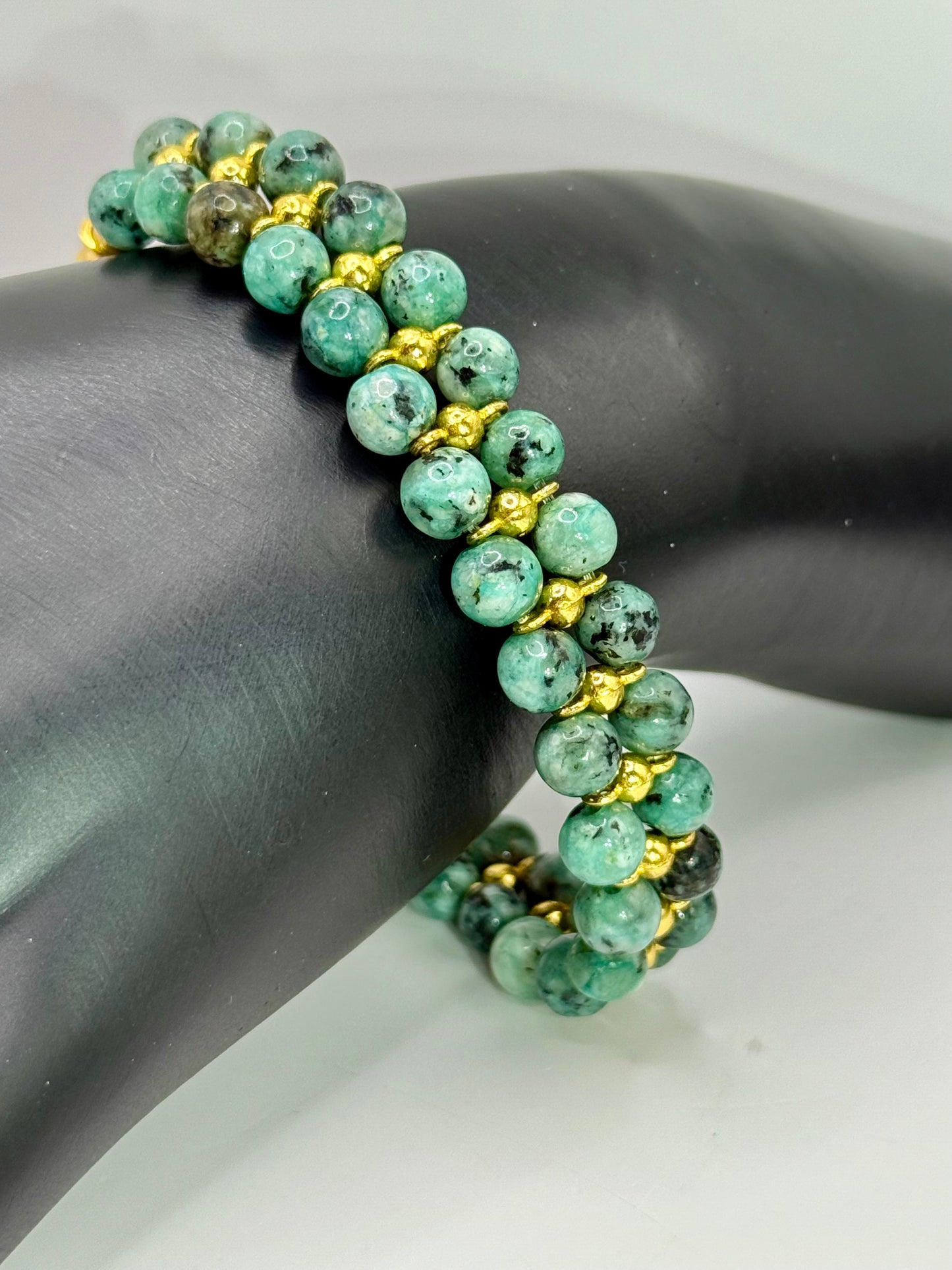 Ruby Zoisite and Gold Stretch Bracelet | 8” Handmade Gemstone Jewelry