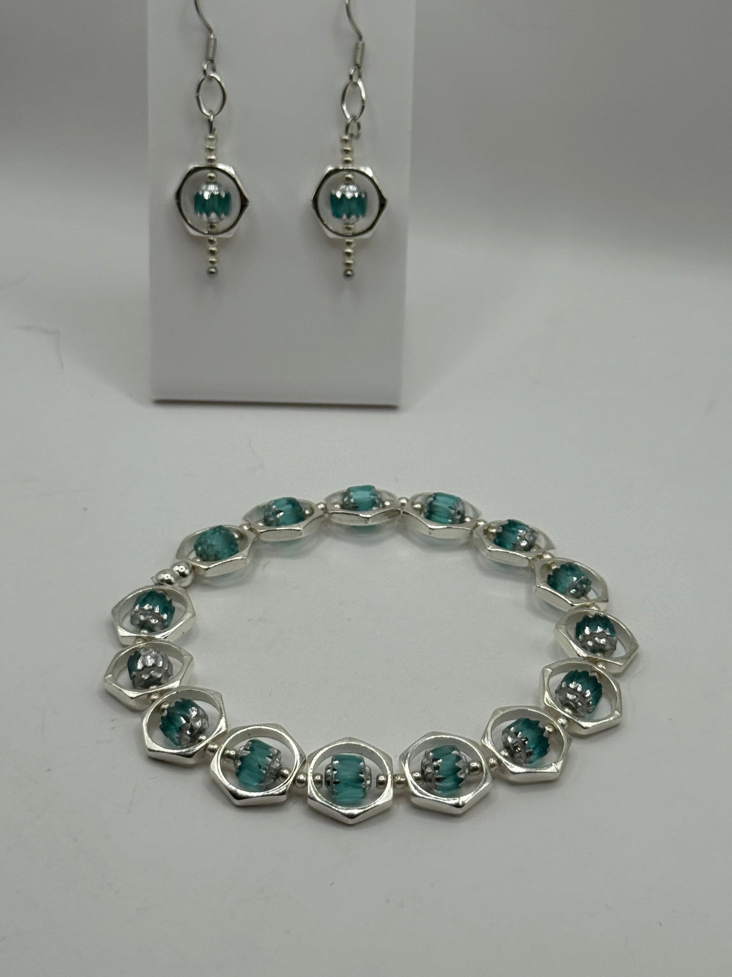 Teal Lantern Bead Bracelet and Earring Set | 7.75” Silver Framed Stretch Bracelet with Matching Earrings | Boho Chic Jewelry by LuckyCharm Boutique TX