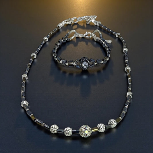 Hematite & Silver Glow Necklace/Bracelet Set – Handmade, Elegant, Unique (18” + 7.5”)