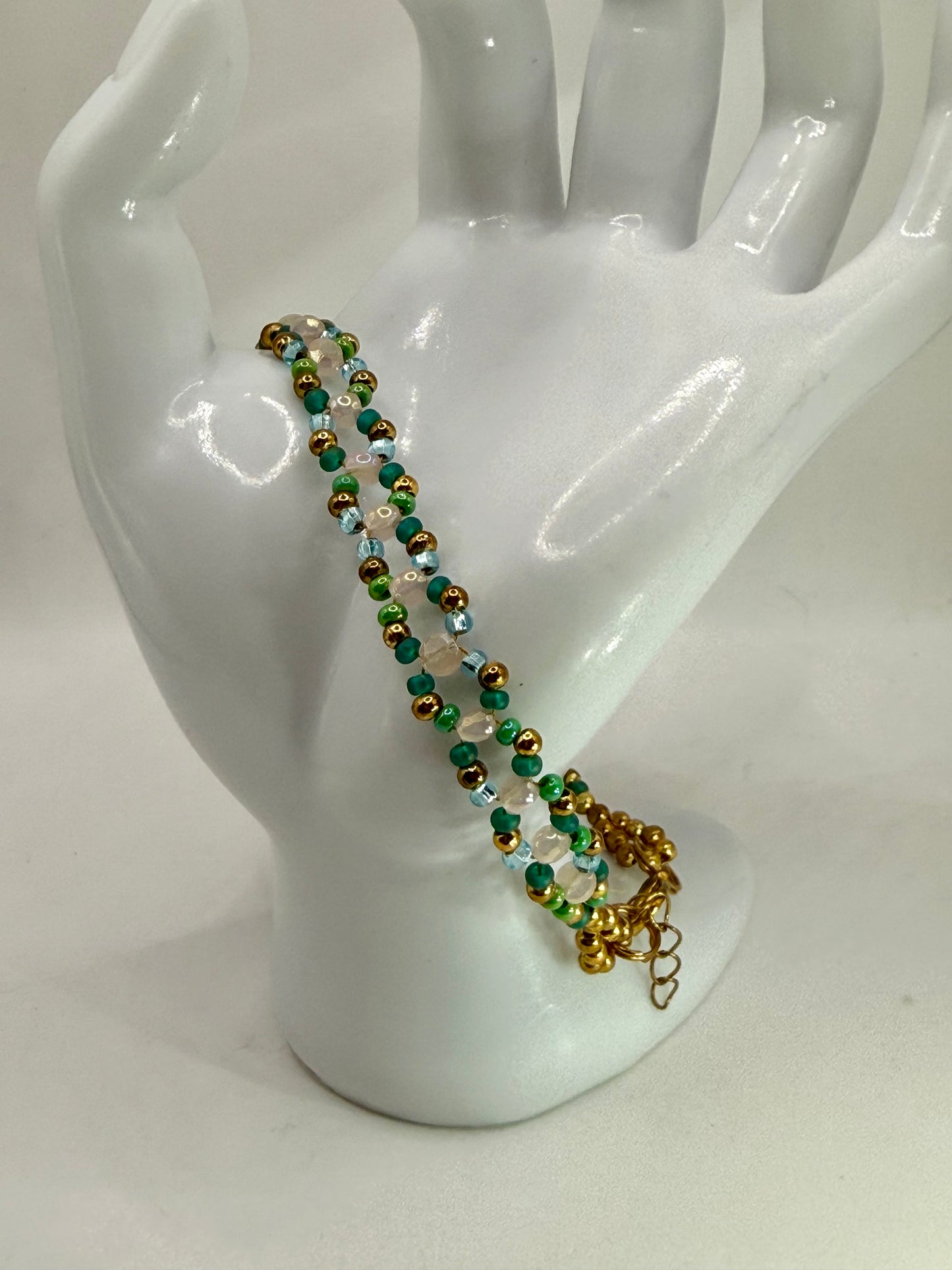 Green & Gold Beaded Bracelet 7.75” | Crystal Glass Clasp Bracelet | Aqua & Emerald Two-Strand Bracelet | Handmade Jewelry Gift for Her