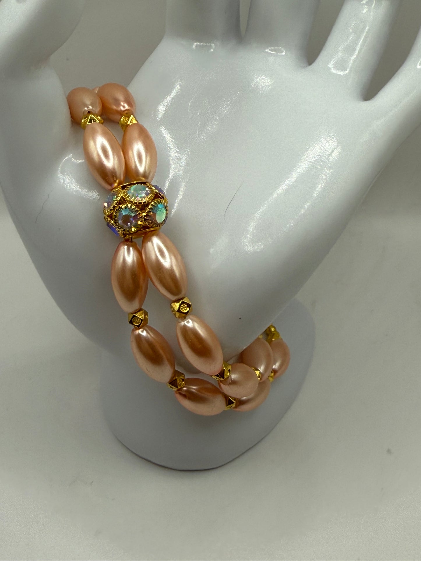 8” Peach Pearl Beaded Clasp Bracelet with Iridescent Crystal Focal – Double Strand Vintage-Inspired Elegance