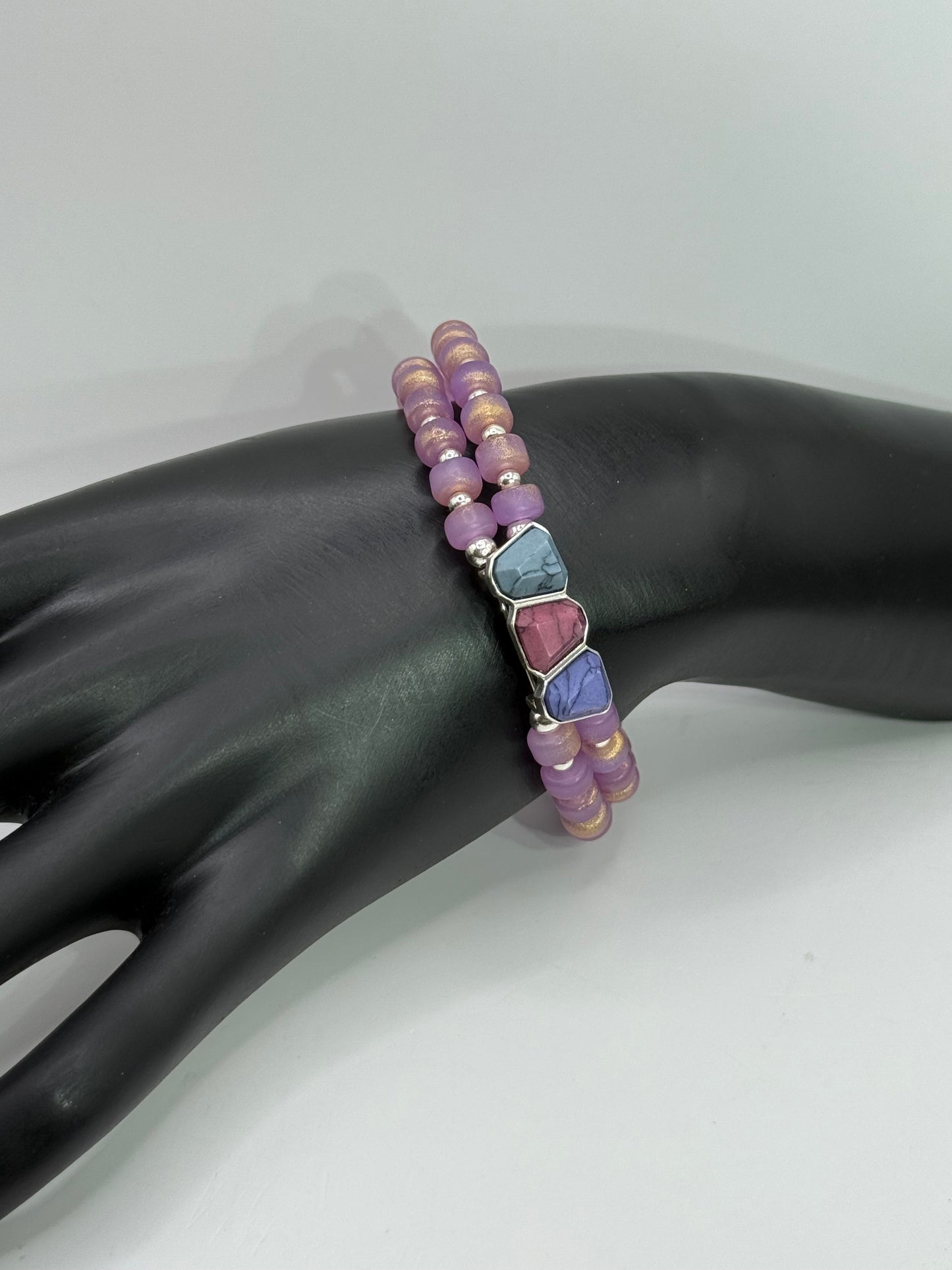 8” Double Banded Beaded Bracelet with Multi-Color Gemstone Focal | Purple Gold Beads | Handmade Jewelry | Free Resizing