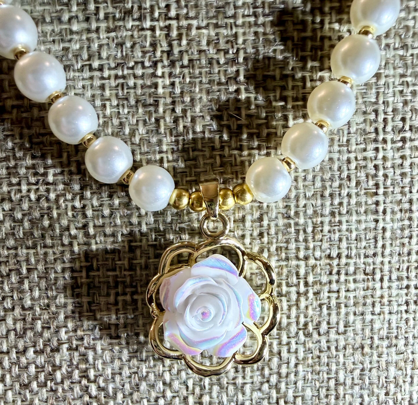 Handmade Glass Pearl Necklace with Iridescent Flower Pendant | 20 Inch Pearl Necklace | One of a Kind Jewelry | Made in Texas