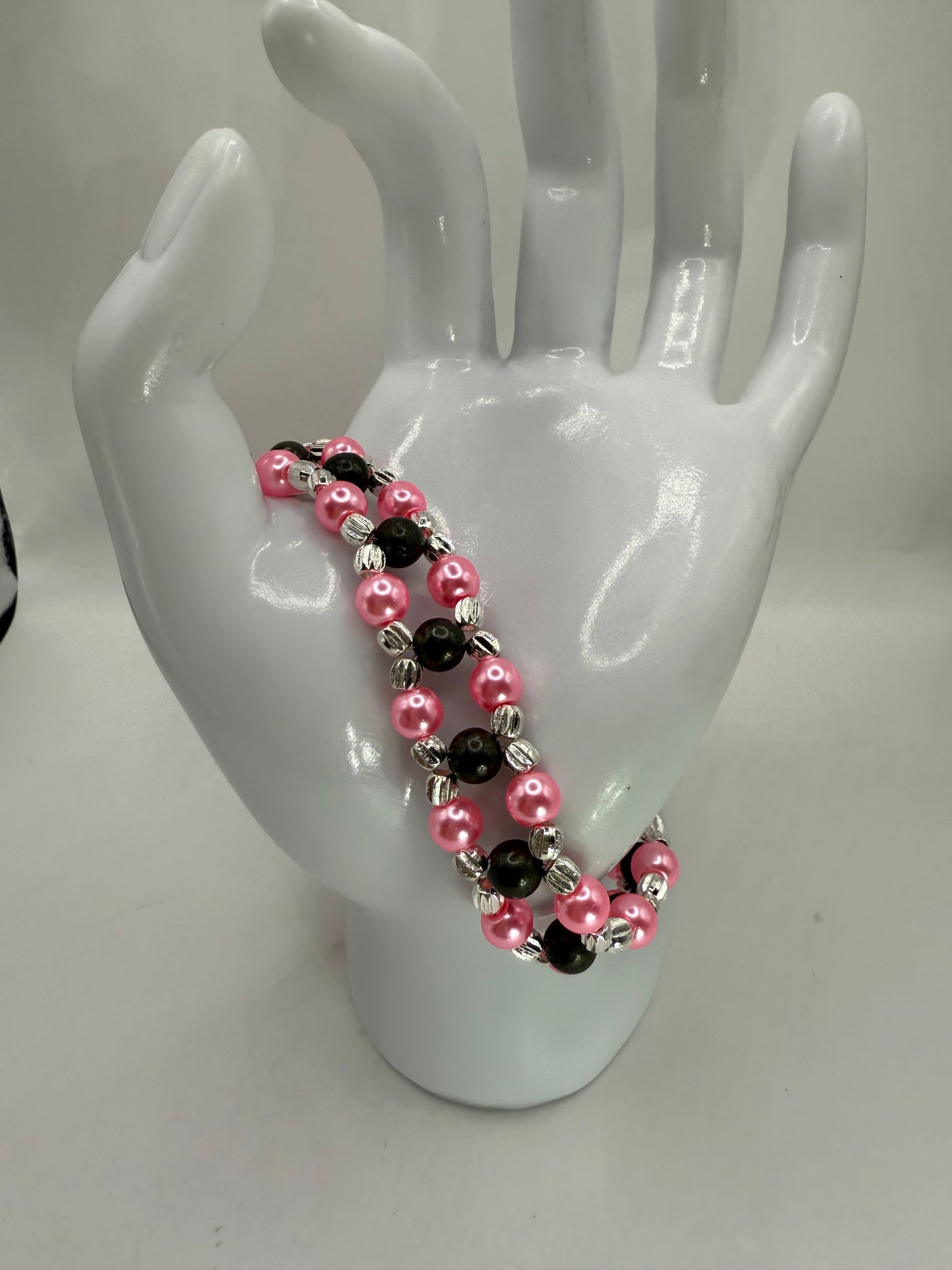 Pink Glass Pearl & Pyrite Double Strand Bracelet – 7.75” Clasp, Handmade Jewelry, Healing Energy, Gift for Her