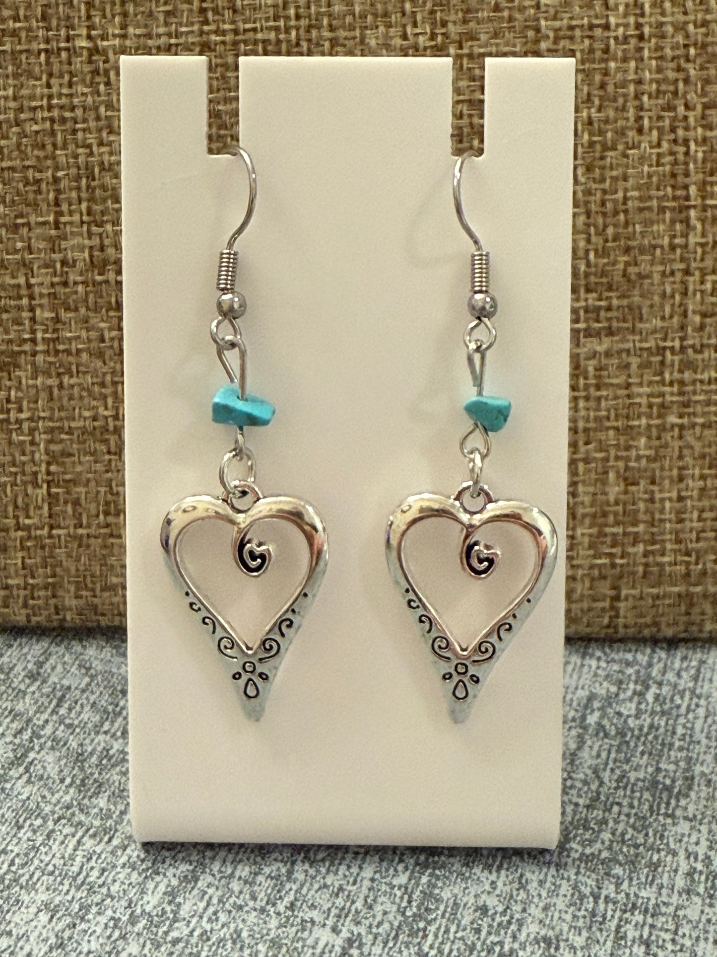 Turquoise Heart Dangle Earrings – Silver Boho Heart Drop Earrings – Handmade Western Jewelry Gift for Her