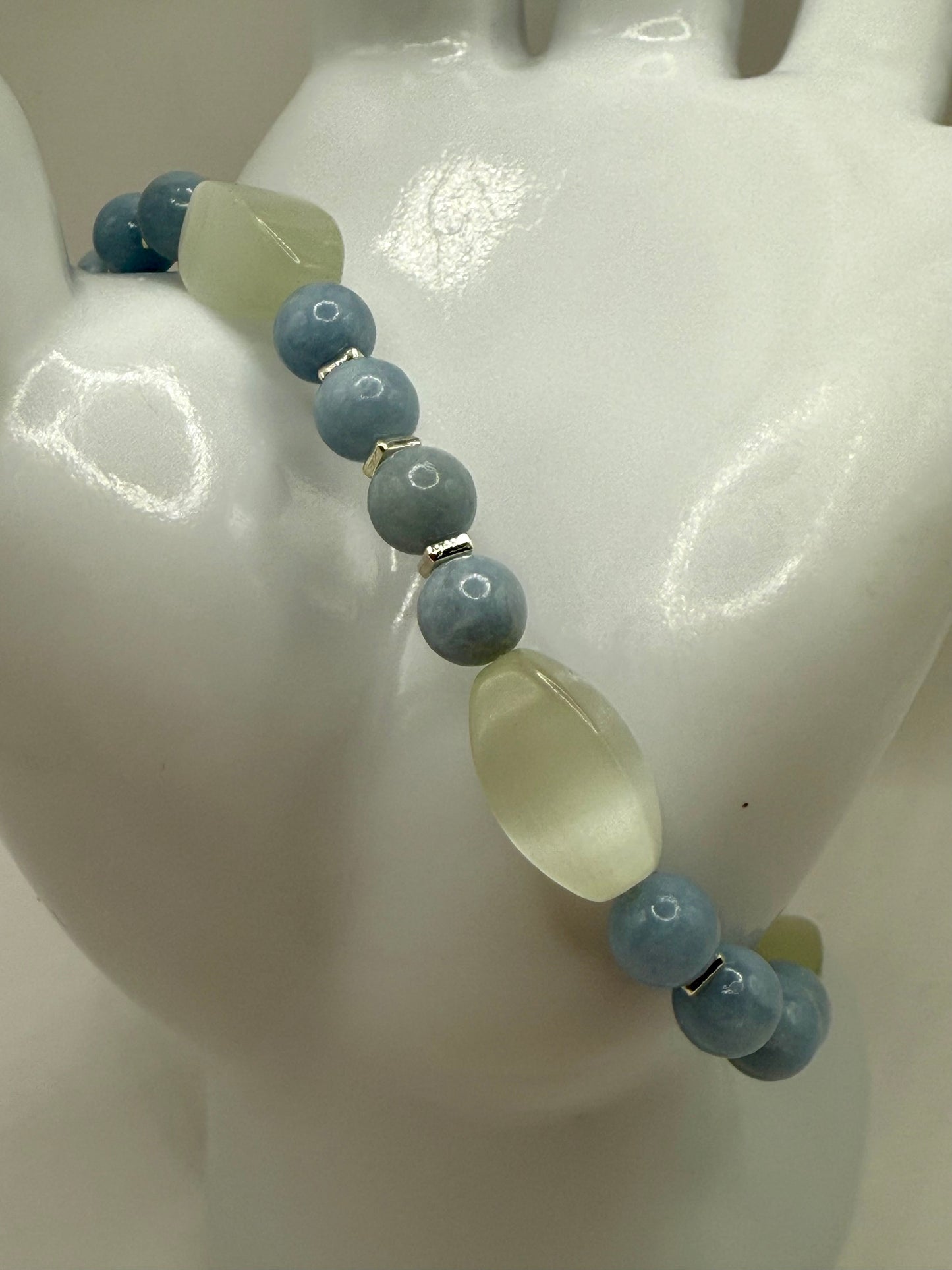 Angelite & Cat Eye Selenite Bracelet – 8” Stretch – Calming Blue & White Gemstone Jewelry – Healing Crystal Bracelet – Free Resizing