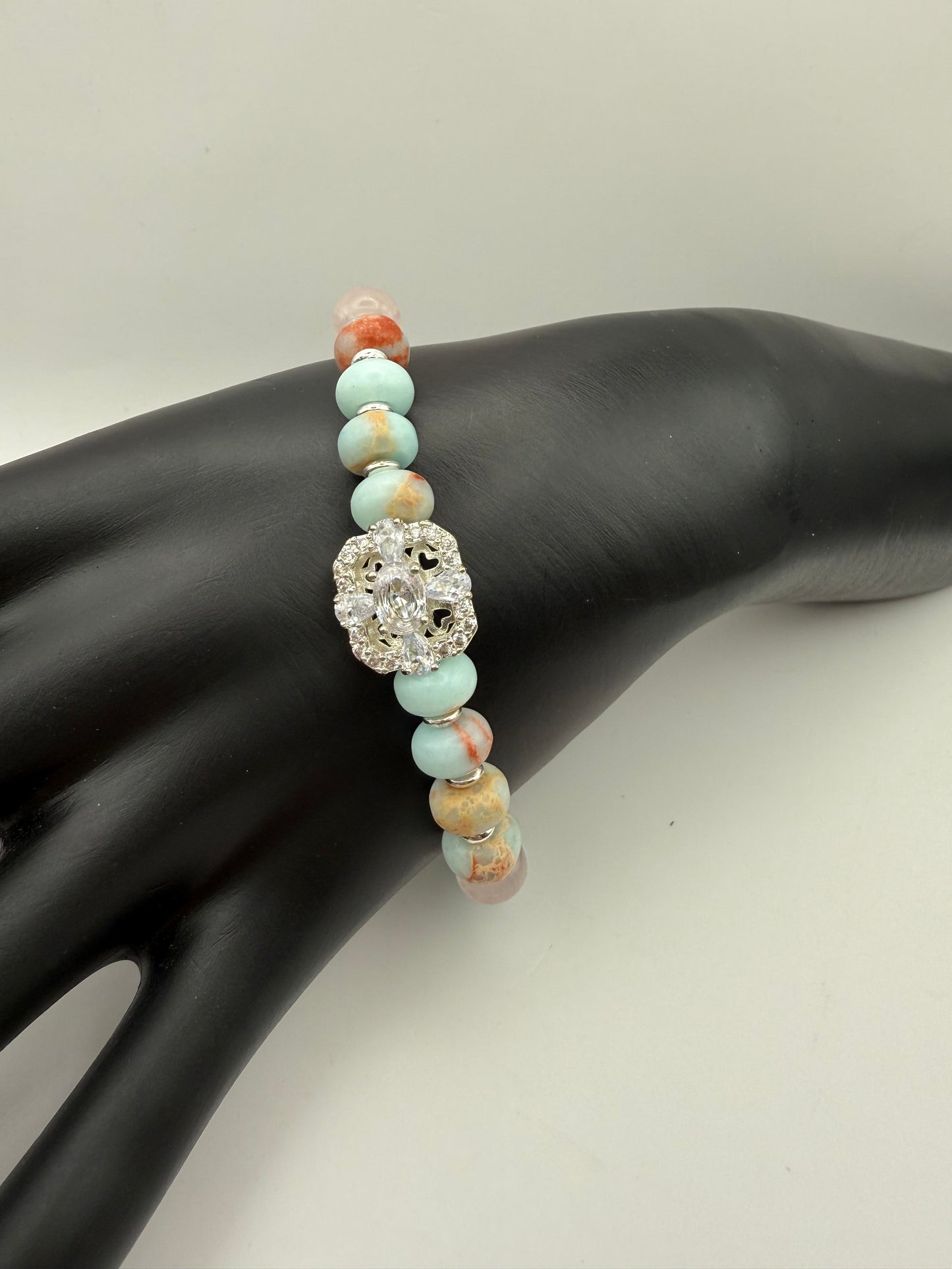 Shoushan Stone Stretch Bracelet with silver rhinestone focal 7.5"