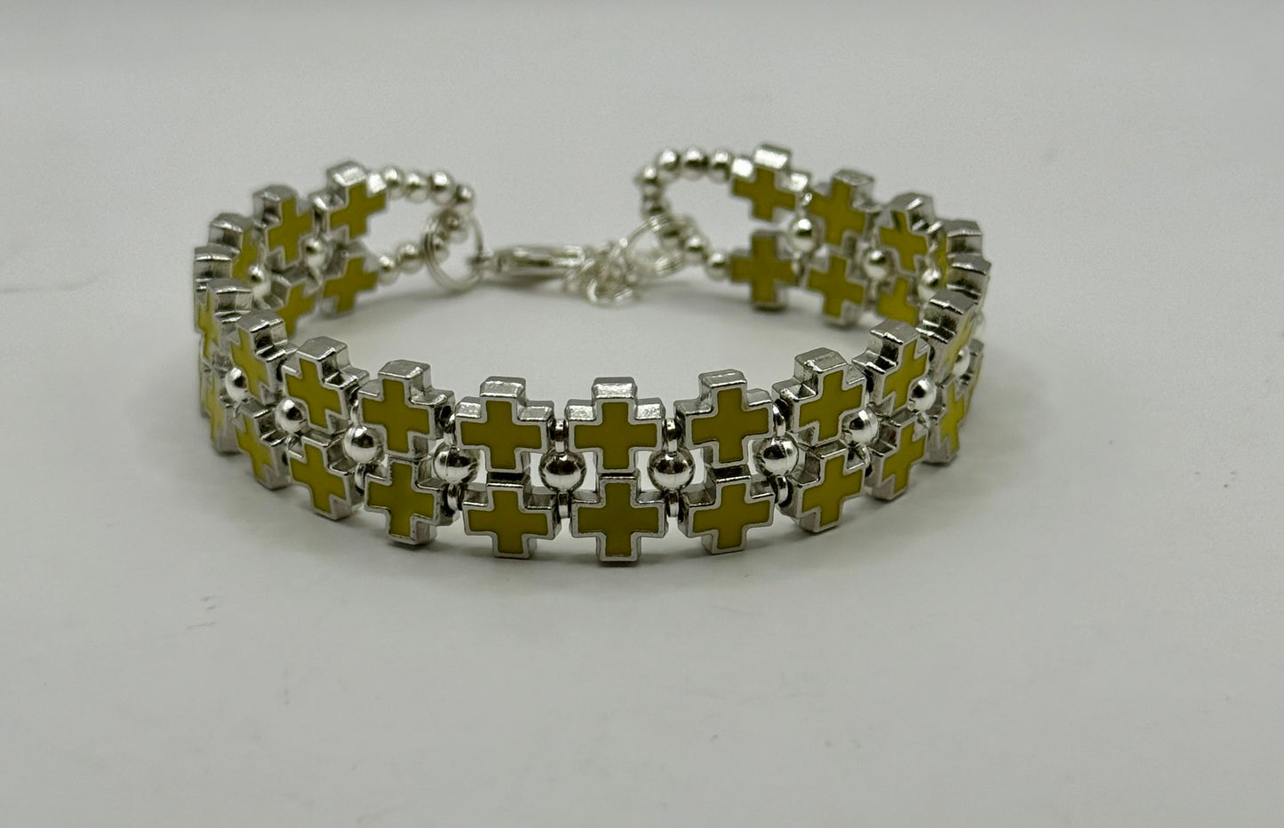 Bold Yellow Cross Link Bracelet – Adjustable 7.5” to 8”, Silver-Tone Double Row Design, Unique Statement Jewelry